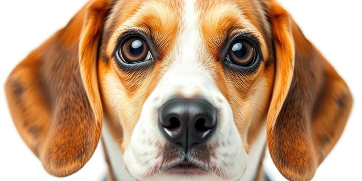 Beagle head with big brown eyes looking directly at the camera on white background, animal portraits, dog face, beagles