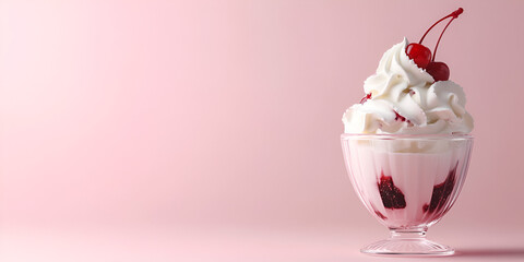Cherry Ice Cream Sundae: A decadent cherry ice cream sundae, complete with fluffy whipped cream and glistening cherries, sits in a clear glass dish against a soft pink backdrop.