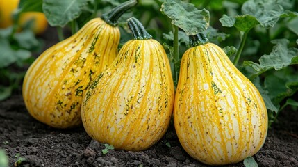 Three Yellow Striped Pumpkins in a Garden