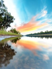 Obraz premium Savannah Sunset Reflection - Serene sunset over calm water, reflecting vibrant colors. Tranquil nature, peaceful atmosphere, wildlife habitat. Beautiful sky, lush vegetation.