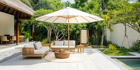 Tropical Oasis Patio: A serene outdoor patio with modern, teak furniture set around a coffee table. A large umbrella casts a shadow over the seating area, providing shade from the tropical sun.