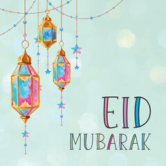 Eid banner design. Eid Mubarak Islamic New Year background template. With star and lantern.
