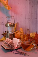 A book and tea surrounded by yellow leaves 