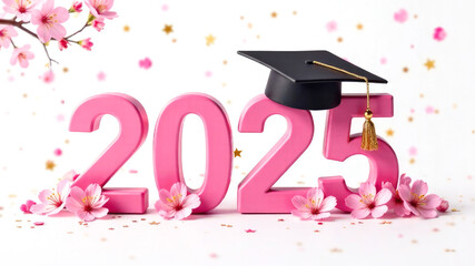 Gold text "2025" with graduation hat with tessel and pink sakura flower background. Theme of graduation concept. Graduation in japanese