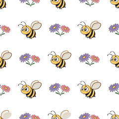 A cartoon bee is flying over a flower. The bee is yellow and black. The flower is pink