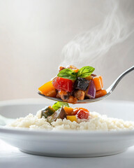 Detailed close-up of steaming ratatouille on a fork, with couscous and a blurred white background.