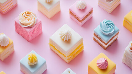 Pastel Petit Fours: An overhead shot showcases an array of pastel-colored petit fours, meticulously arranged on a pink background.