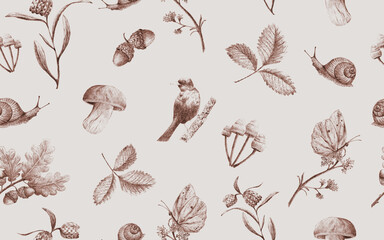 pattern with leaves, snails, mushroom