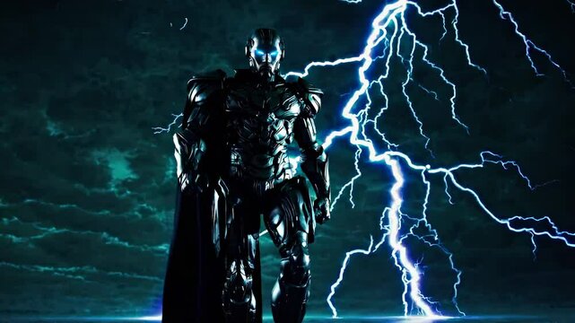 Powerful superhero robot standing majestically amidst a stormy night sky with lightning illuminating the scene, showcasing strength, power, and advanced technology
