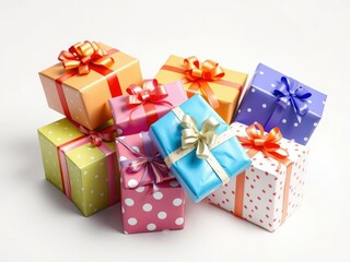 Fototapeta premium Birthday gifts wrapped in colorful paper and ribbons, ribbons, gift wrapping