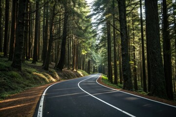 Black asphalt road winding through a forest with white dividing lines, nature photography, black asphalt road, forest road
