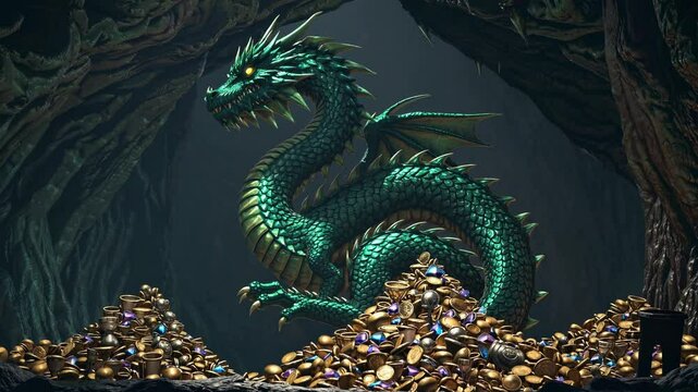 Mythical green dragon guarding its hoard of gold treasures within a dark lair, surrounded by shadows and glowing jewels, creating an enchanting atmosphere of power and mystery