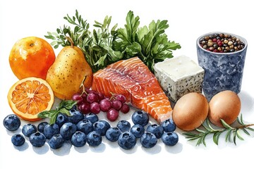 Watercolor Illustration of Five Essential Food Groups for Nutrition