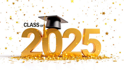 Gold-black text "2025" with graduation hat with tessel and gold confetti isolated on white background. Theme of graduation concept