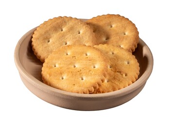 Saucer with crackers, top view, close-up, isolate on transparent background
