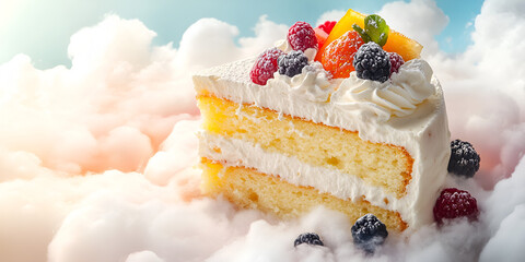 Sweetest Dream Cake: A delectable slice of layered vanilla cake, adorned with fresh berries and whipped cream, rests on a fluffy cloud of cotton candy, creating a dreamy, whimsical scene.