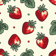 Seamless retro strawberry pattern, vector berries light airy design, polka dots, bright colors, green leaves, vintage style, colorful fresh playful unique decorative universal botanical stylish vibran