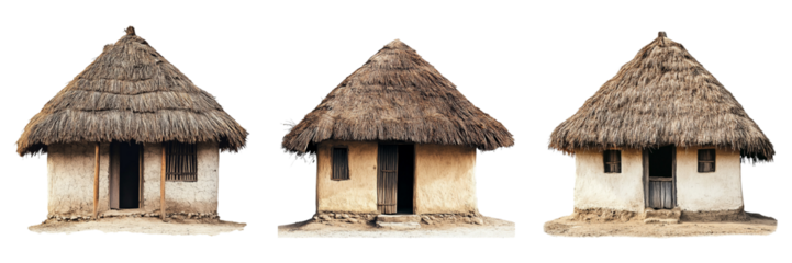 Collection of tribal thatched house serene view isolated on a transparent background