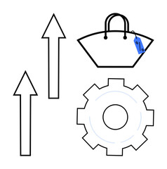 Shopping bag with price tag symbolizes commerce, accompanied by two upward arrows indicating growth, and a gear representing development. Ideal for retail, business growth, market trends, efficiency