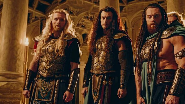 Group of powerful olympian gods standing proudly in the grand temple of olympus, wearing ornate golden armor, flowing cloaks, and displaying their divine presence