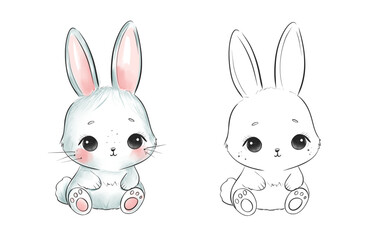 Adorable Cute baby Bunny Illustration in Black and White and Full Color