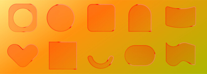 Neon glass frame set with luminous geometric shapes - transparent borders featuring glowing circle, squares and heart outline. Translucent text boxes or title banners light decorative effects.