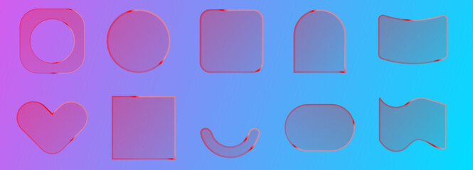 Neon glass frame set with luminous geometric shapes - transparent borders featuring glowing circle, squares and heart outline. Translucent text boxes or title banners light decorative effects.