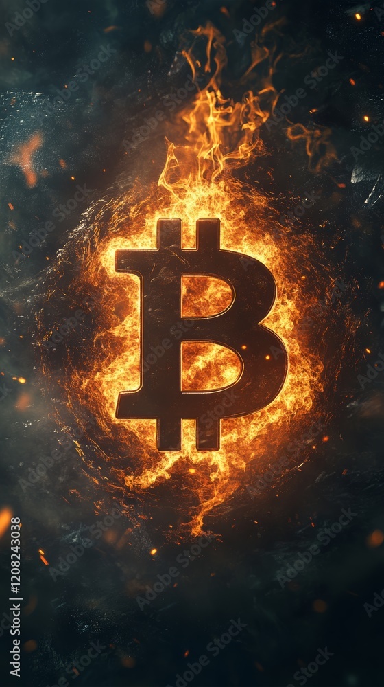 Aufkleber bitcoin cryptocurrency symbol burning in flames representing the volatility and risk associated with