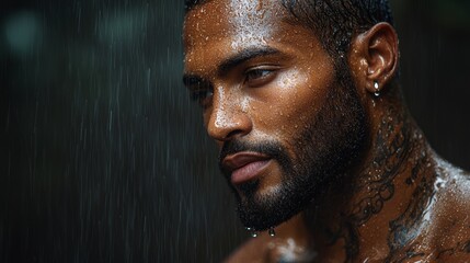 Portrait of a man under soft rain