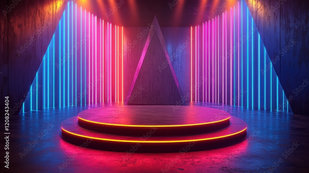 Poster neon-lit stage with circular platform and triangular backdrop.