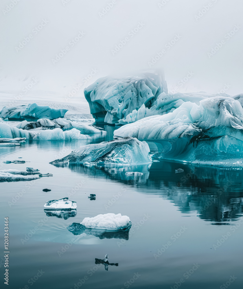 Poster frozen lake with a few ice blocks floating on the surface. the water is calm and the sky is cloudy