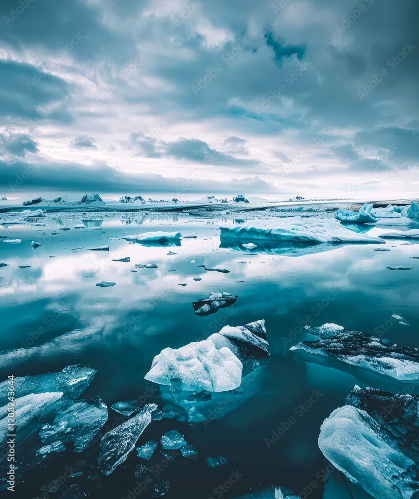 Poster frozen lake with a few ice blocks floating on the surface. the water is calm and the sky is cloudy