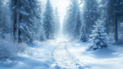Fototapeta premium Enchanting Snowy Forest Path in a Tranquil Winter Wonderland
