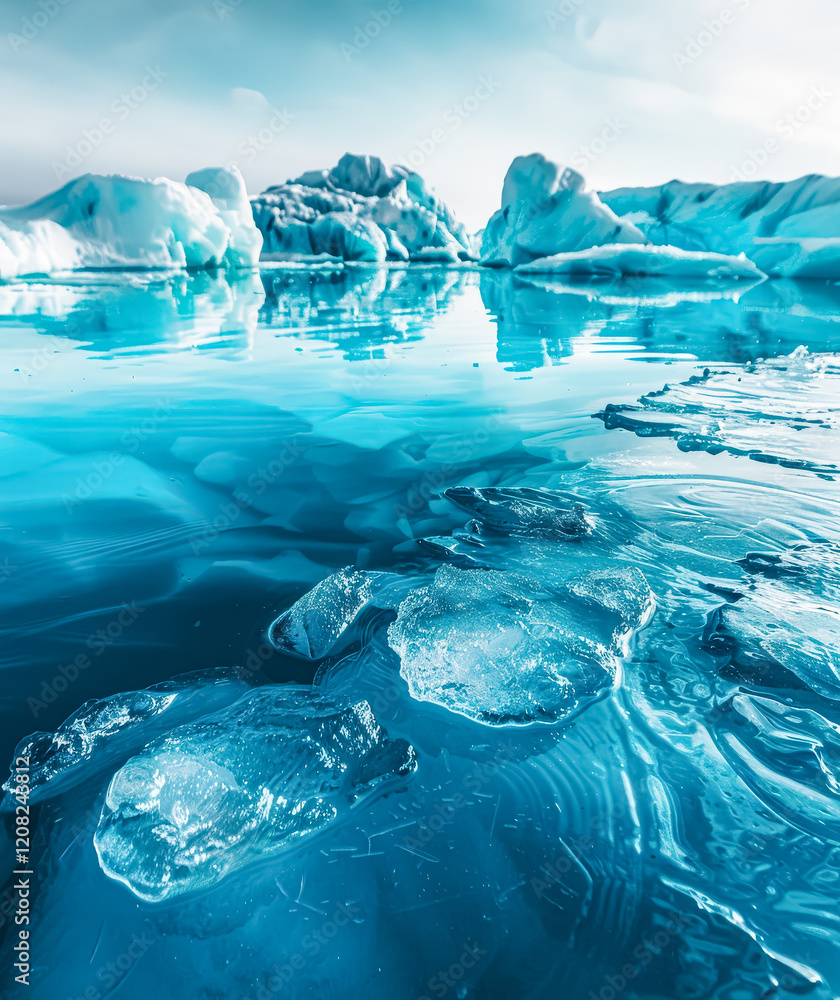 Aufkleber frozen lake with a few ice blocks floating on the surface. the water is calm and the sky is cloudy