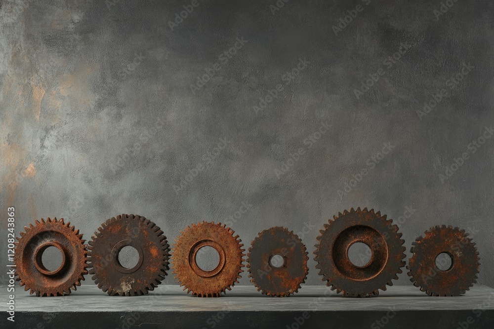 Poster rusty metal gears of varying sizes arranged on a dark surface against a textured grey background.