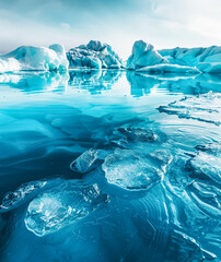Fototapeta premium Frozen lake with a few ice blocks floating on the surface. The water is calm and the sky is cloudy