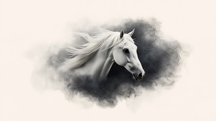 Majestic white horse emerging from ethereal mist, showcasing grace and beauty in a serene setting