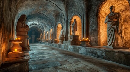Ancient Hallway of Statues and Candles