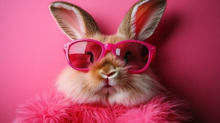 A Fashionable Fluffy Bunny in Pink Sunglasses and Fur Coat