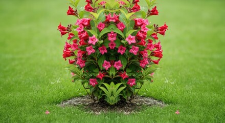Naklejka premium Vibrant flowering shrub with bright red and pink blooms in lush green garden