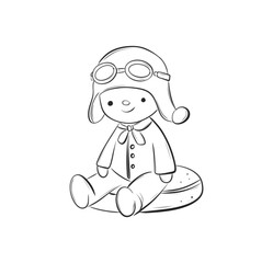 Adorable Vintage Pilot Boy Sitting on Cushion Line Drawing for Nostalgic and Creative Decorative Projects