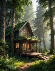 Cabin nestled in the heart of a green forest with towering trees and ferns, wood, verdant