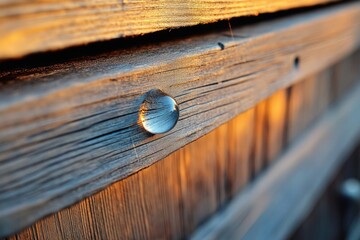 A glass sphere rests on weathered wooden planks, reflecting the warm golden light of sunset.