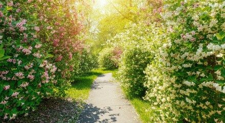 Serene garden pathway surrounded by lush flowering bushes under bright sunlight
