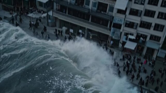 Gigantic ocean wave crashing into coastal city, causing devastating damage to buildings and infrastructure, illustrating the destructive power of nature