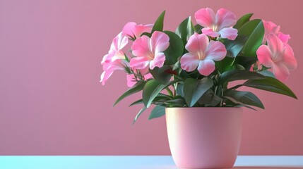 Obraz premium Adenium blooming with pink flowers in a pastel pink pot against a soft pink background ideal for home decor or gardening themes