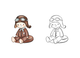 Adorable Vintage Pilot Boy Sitting on Cushion Line Drawing for Nostalgic and Creative Decorative Projects