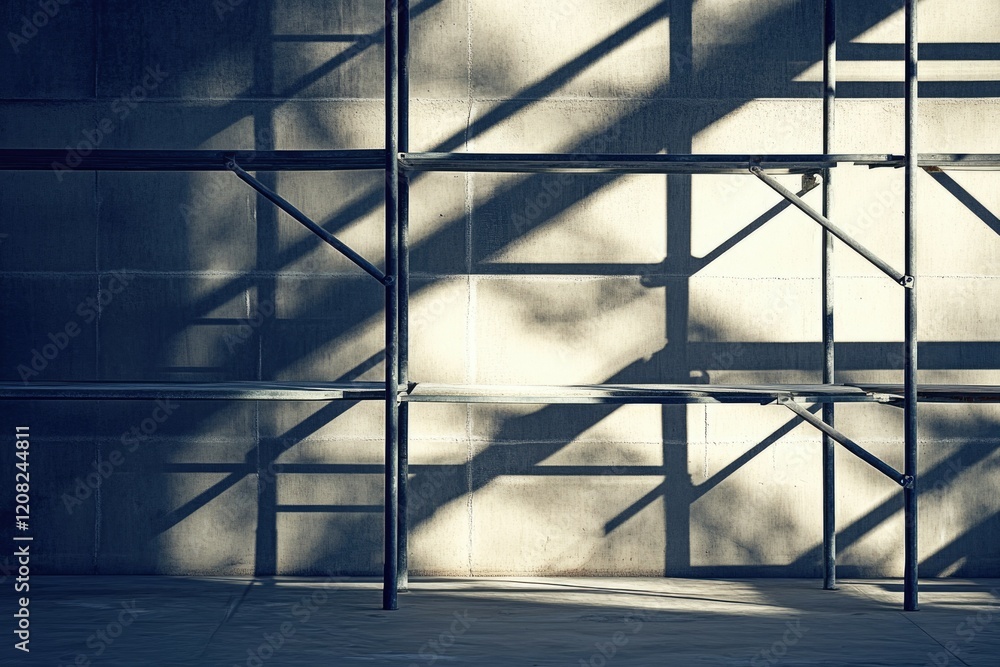 Aufkleber scaffolding's shadow cast on a textured concrete wall, creating a stark contrast of light and shadow