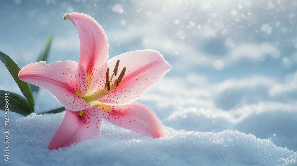 Poster delicate pink lily resting gently on a serene snow-covered background with soft bokeh light creating