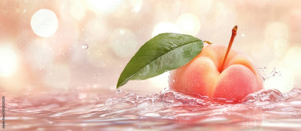 Aufkleber fresh peach with lustrous surface surrounded by water splash and soft blurred background in pastel t